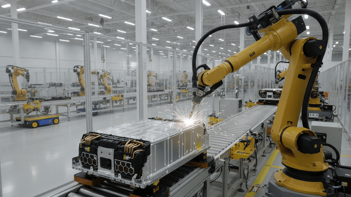 A yellow multi-axis robotic arm welds a large metallic electric vehicle battery pack on a production line.