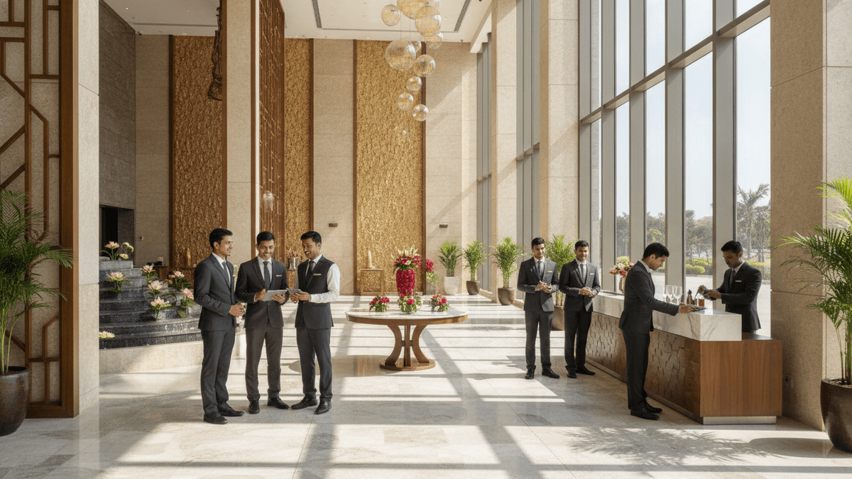 Multiple uniformed staff stand in a brightly lit, modern hotel lobby with large windows and elegant Indian architecture.