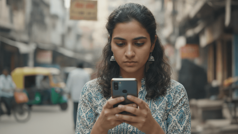 A young Indian woman views a smartphone, with a blurred street scene in the background.