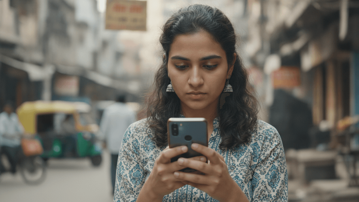 A young Indian woman views a smartphone, with a blurred street scene in the background.
