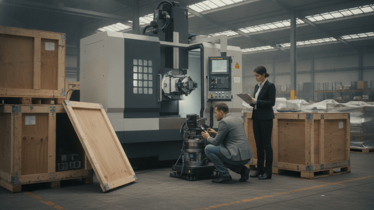 A man inspects machinery while a woman takes notes in an industrial warehouse with crates.