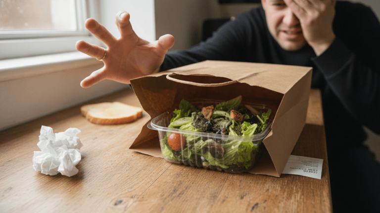 A consumer recoiling from a delivery bag containing a spoiled salad on a kitchen table.