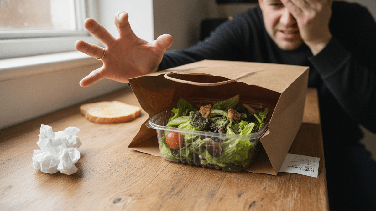 A consumer recoiling from a delivery bag containing a spoiled salad on a kitchen table.