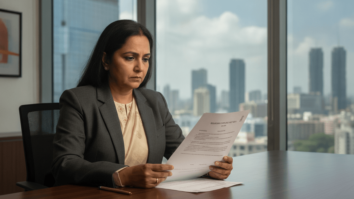 A serious Indian fintech executive, in business attire, reviews a document at a desk with a city skyline visible through large windows.