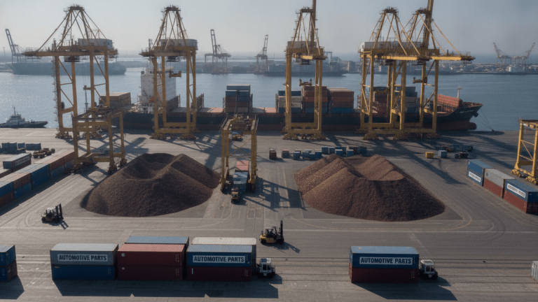 An elevated view of a bustling port with piles of copper ore, "automotive parts" containers, and cranes loading a ship.
