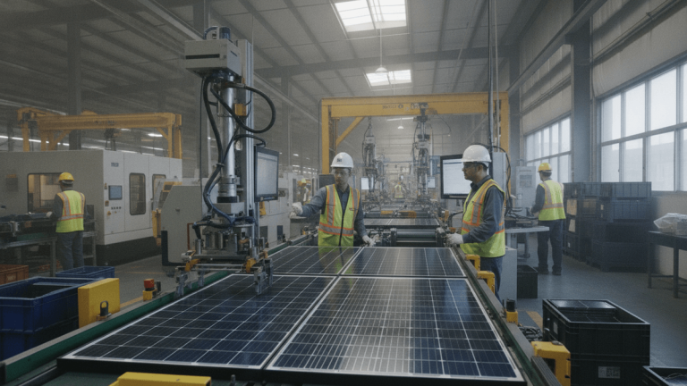 Workers in safety vests and hard hats oversee the assembly of solar panels on a production line in a brightly lit factory.