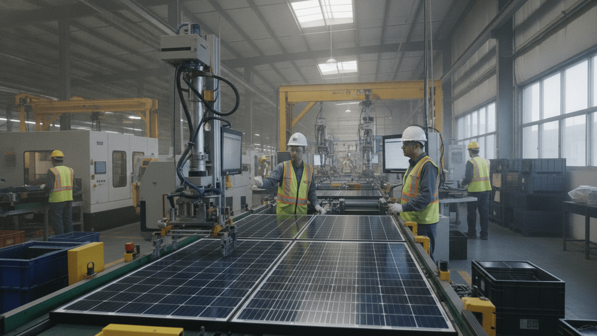 Workers in safety vests and hard hats oversee the assembly of solar panels on a production line in a brightly lit factory.