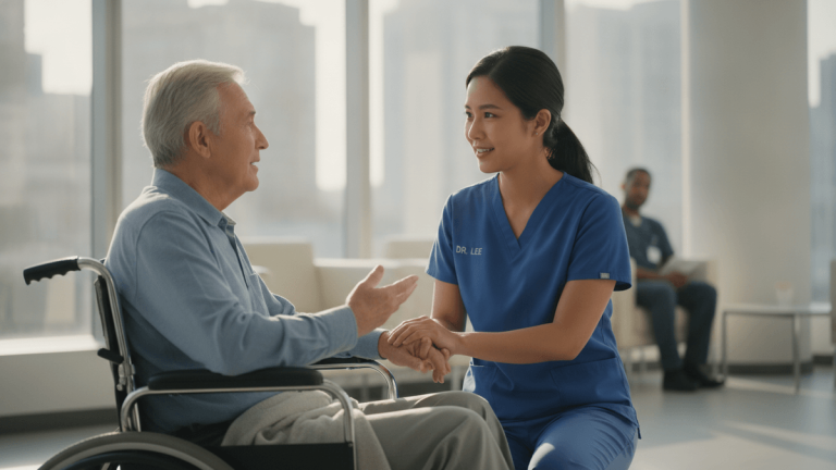 A healthcare professional speaking with an elderly patient in a wheelchair, holding hands, in a well-lit clinic.