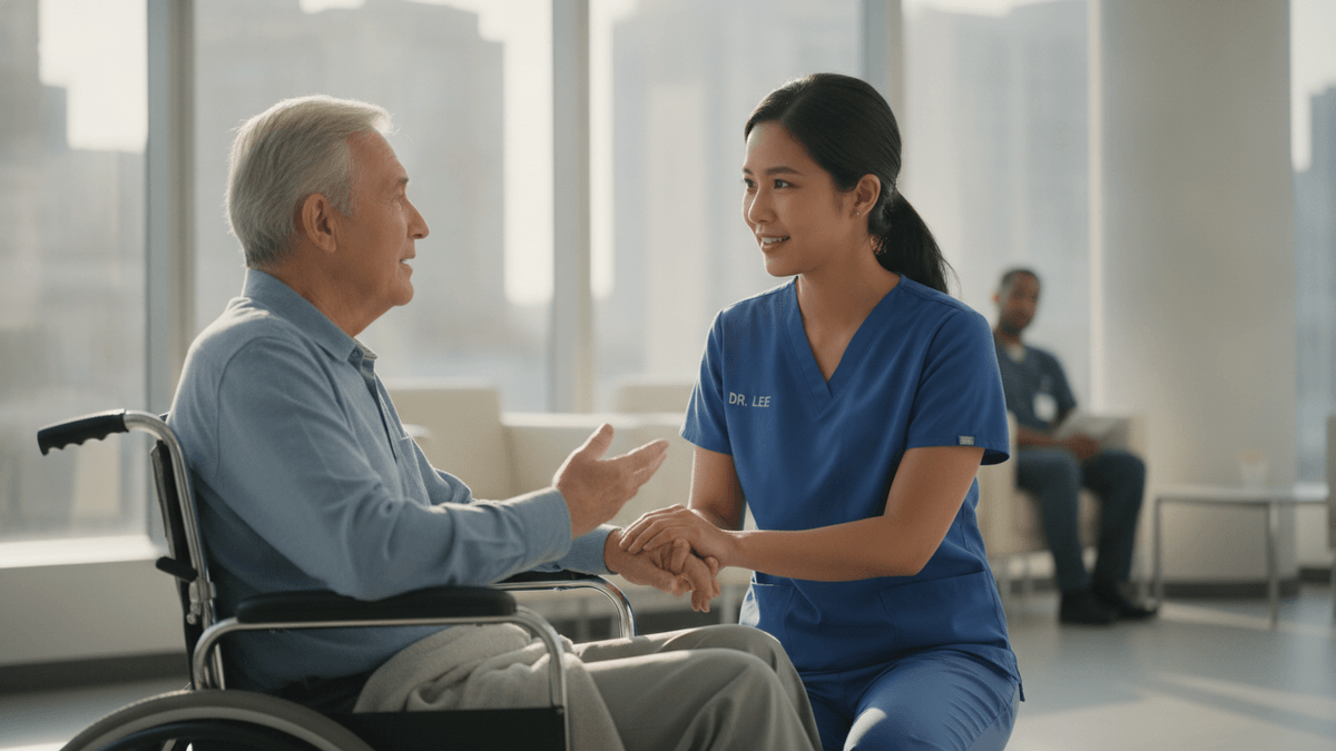 A healthcare professional speaking with an elderly patient in a wheelchair, holding hands, in a well-lit clinic.