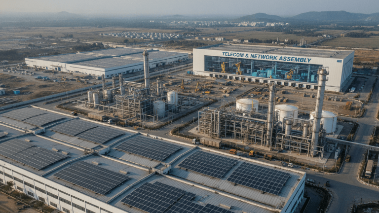 Aerial view of a large industrial complex featuring a chemical plant, rooftop solar panels, and a telecom assembly facility.