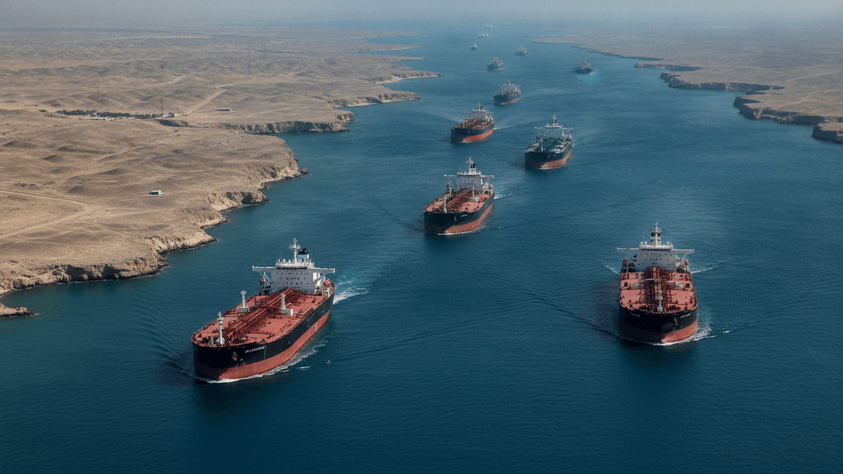 An aerial wide shot of multiple oil tankers navigating a narrow strait with arid coastlines under bright daylight.