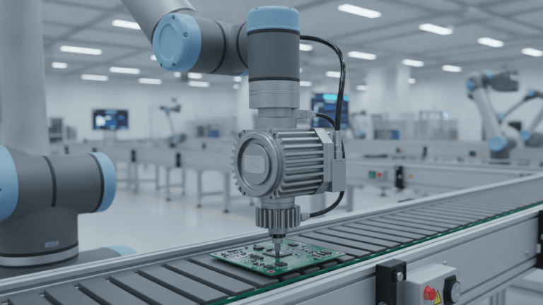 A robotic arm with an integrated gear reducer precisely placing a component on a circuit board on a factory conveyor.