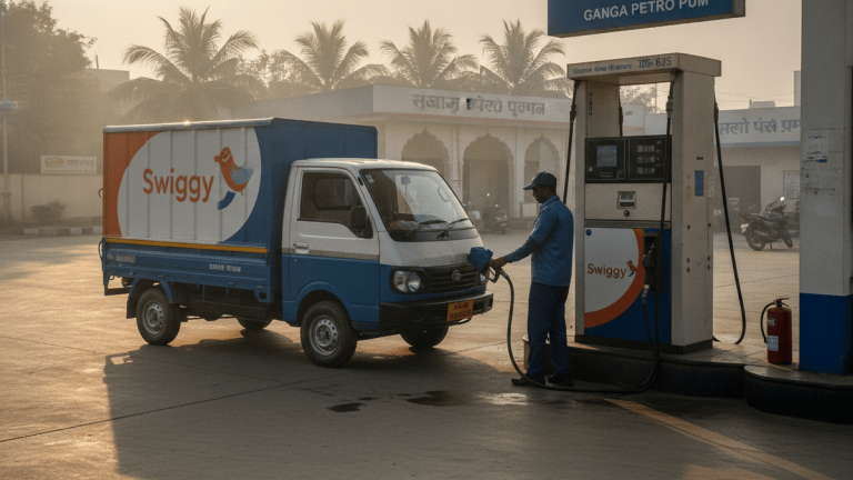 A fuel attendant wearing a blue uniform refuels a Swiggy delivery truck at a fuel pump at an Indian gas station.
