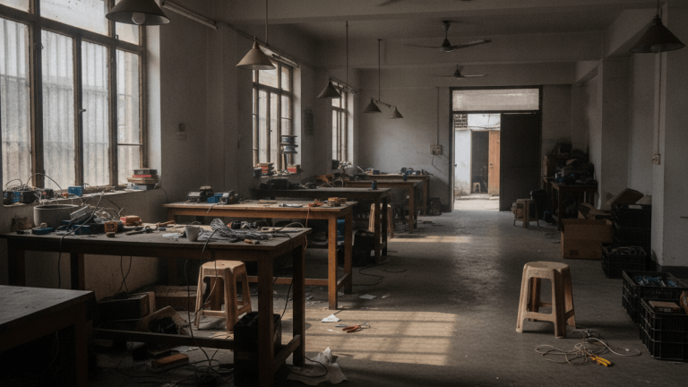 An empty electronics assembly workshop in New Delhi, featuring workbenches, tools, and electronic components.