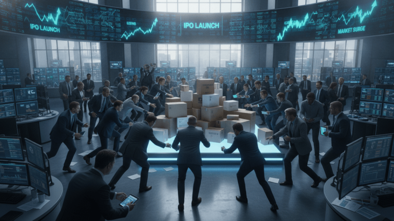 A high-angle, medium-wide shot of a modern financial trading floor where a diverse crowd of professionals converges on centrally placed shipping packages.