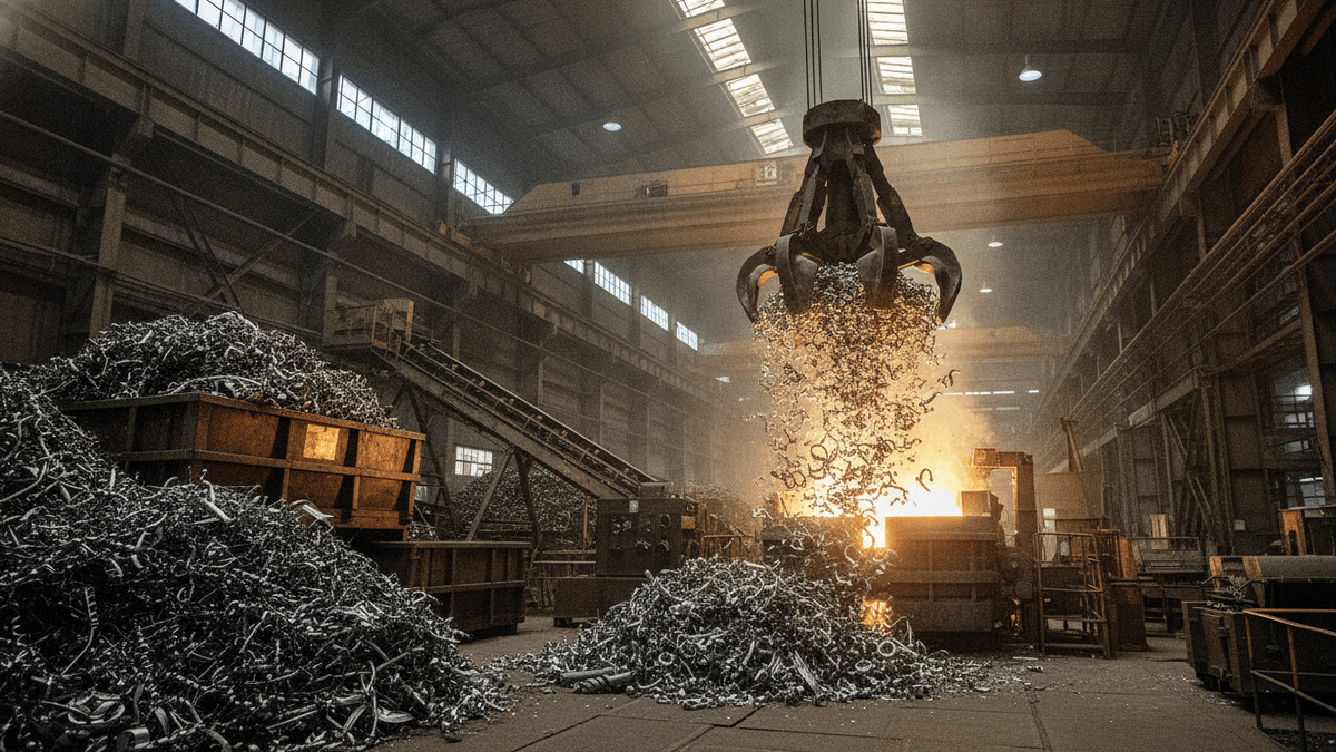 An industrial crane loads steel turnings and chips near an electric arc furnace in a steelmaking facility.