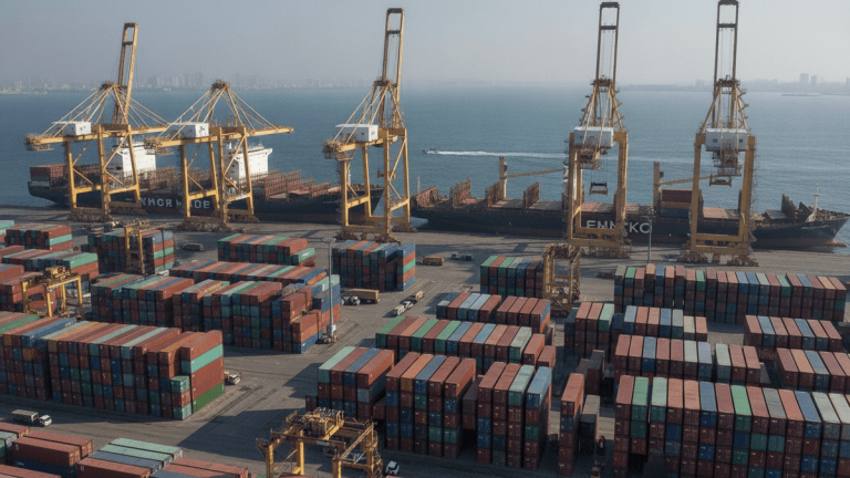 An elevated wide shot of a bustling international shipping port with numerous stacked containers, ships, and cranes.
