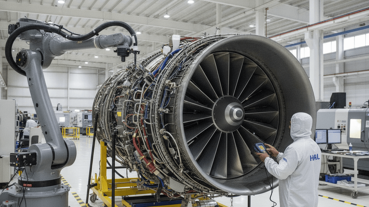 A high-tech aerospace manufacturing facility. A combat engine is in the foreground, with robotic arms and tools nearby.