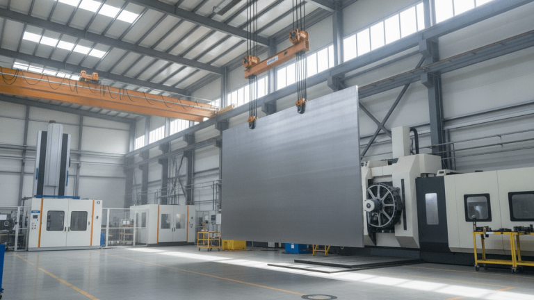 A large, thick aluminum plate hangs suspended from an orange overhead gantry crane in a bright industrial workshop.