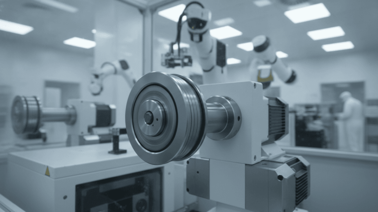 A stainless steel disk flex coupling rotates in a cleanroom, surrounded by robotic arms and precision servo motors.