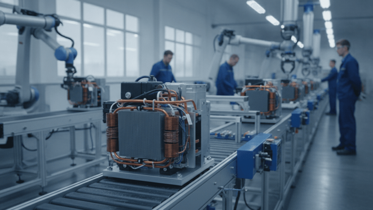 A partially assembled AC compressor on a conveyor belt in a manufacturing facility with technicians in the background.