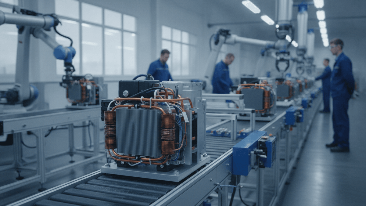 A partially assembled AC compressor on a conveyor belt in a manufacturing facility with technicians in the background.