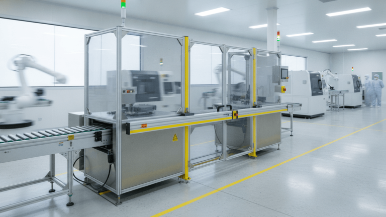 A medium wide shot of an automated electro-mechanical safety gate in a modern, well-lit industrial facility.