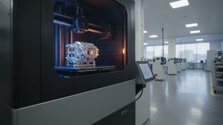 A medium shot of an industrial 3D printer's build chamber, showing a complex metal part being fabricated on the build plate.