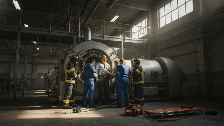 Wide shot of rescue workers freeing a man from complex industrial machinery in a factory, with harsh overhead and natural light.