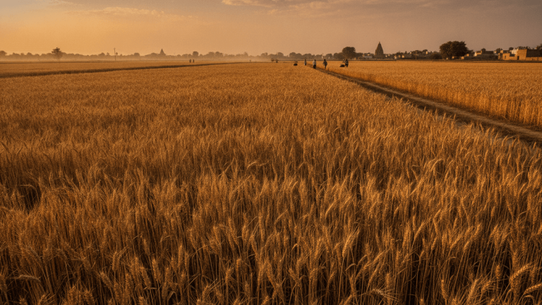 Wide shot of golden, ripe grain fields stretching to the horizon under golden hour light