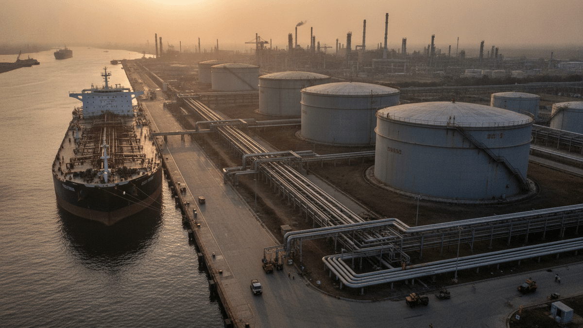An aerial view of a large tanker ship docked next to massive cylindrical storage tanks and industrial pipelines at an oil refinery.