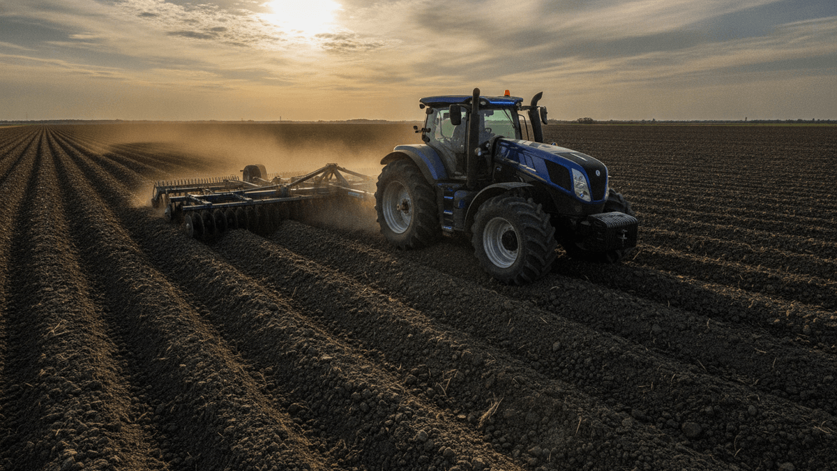 A modern blue hybrid tractor pulls a large farm implement across a vast field under a cloudy sky.