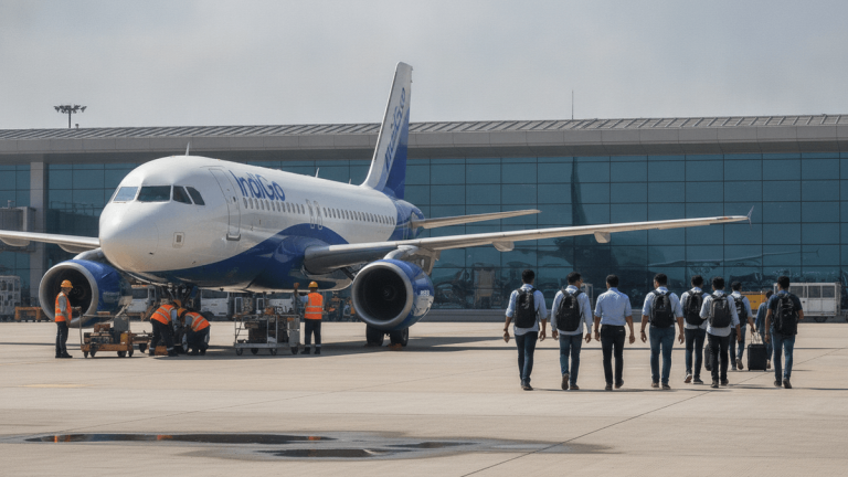 An IndiGo aircraft is on the tarmac. Ground crew members are near its engines. Passengers walk towards the terminal.