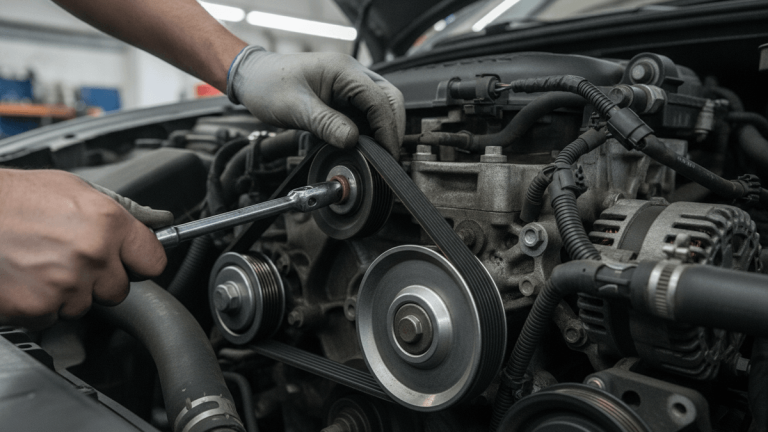 Close-up of mechanic's gloved hands working on a multi-ribbed serpentine belt and pulleys in a car engine.
