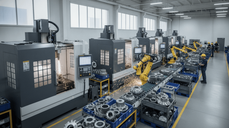 An interior medium shot of a modern industrial manufacturing facility with machines, parts, robotic arms, and workers.