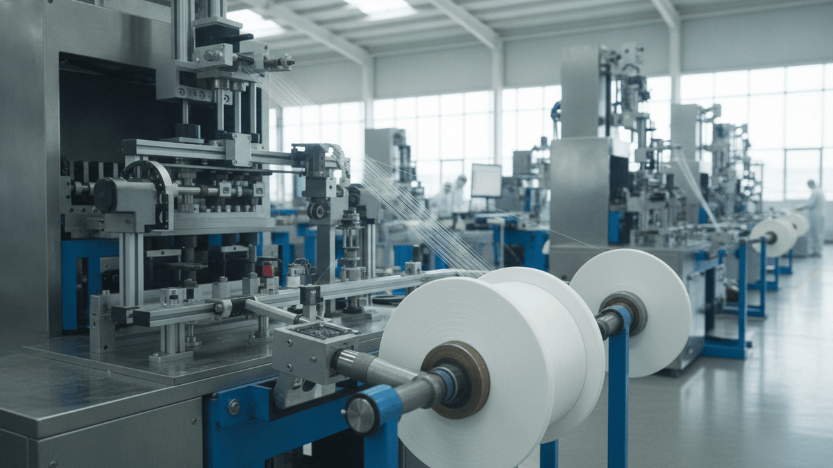 Medium shot of an optical fiber production line, showing fibers being drawn and spooled by machinery in a factory.