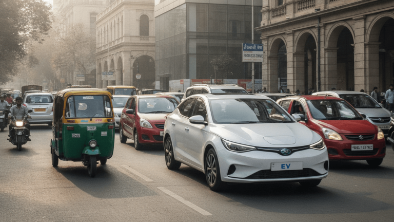 A white electric car in the foreground, with other cars, an auto-rickshaw, and a motorcycle in traffic on an urban street.