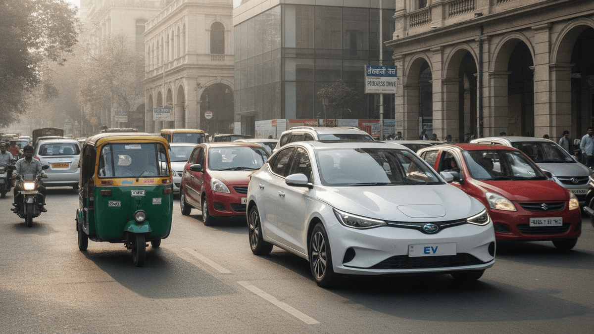 A white electric car in the foreground, with other cars, an auto-rickshaw, and a motorcycle in traffic on an urban street.