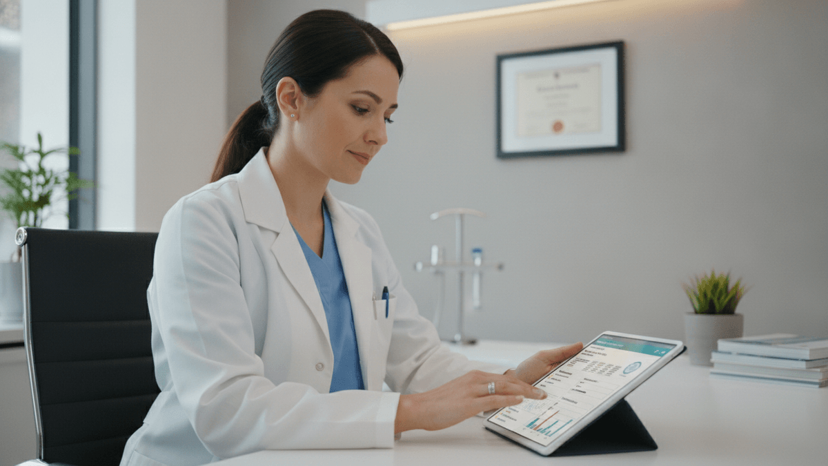 A physician in a white coat interacts with a tablet displaying medical notes and charts in a modern office.