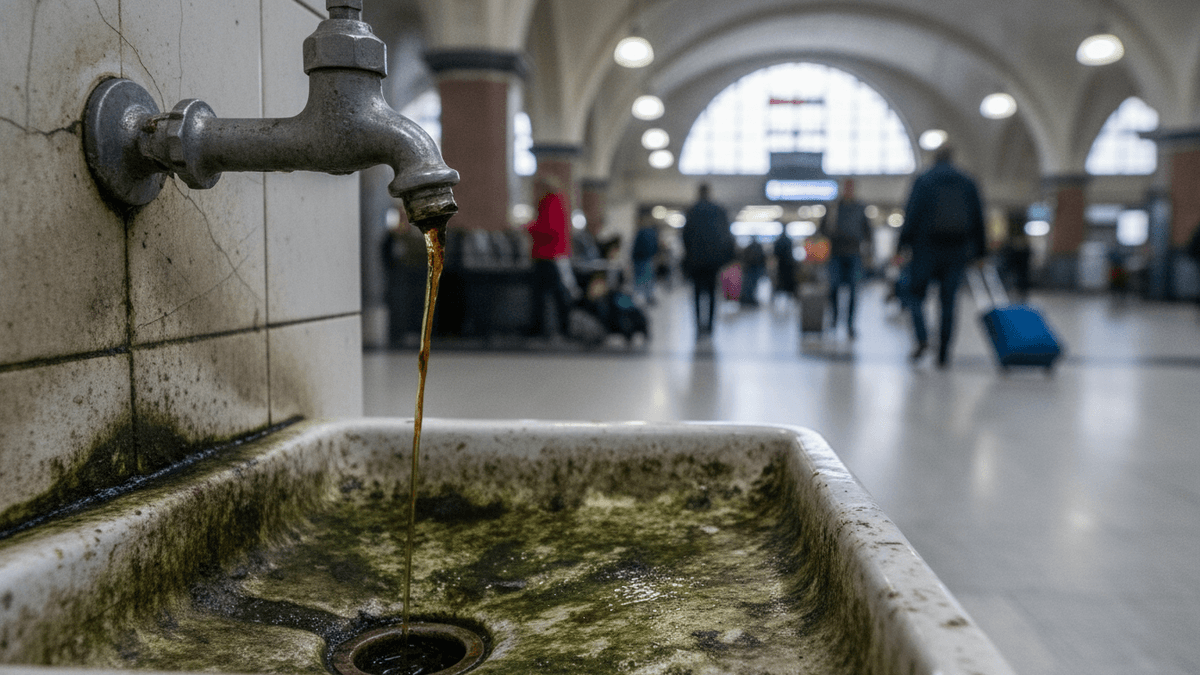 A close-up, eye-level shot of a neglected, grimy water tap and basin at a bustling railway station.
