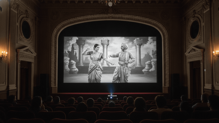 A classic Indian film is projected onto a large screen in a grand, historic cinema hall with an audience.