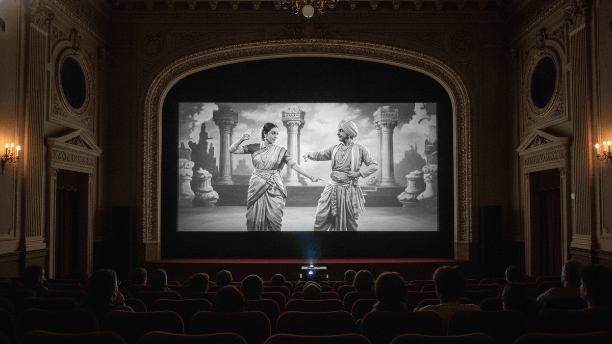 A classic Indian film is projected onto a large screen in a grand, historic cinema hall with an audience.