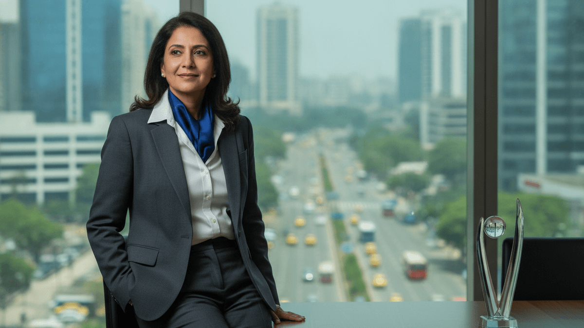A female CEO in professional attire looks confidently, with a blurred modern financial district of Mumbai in the background.