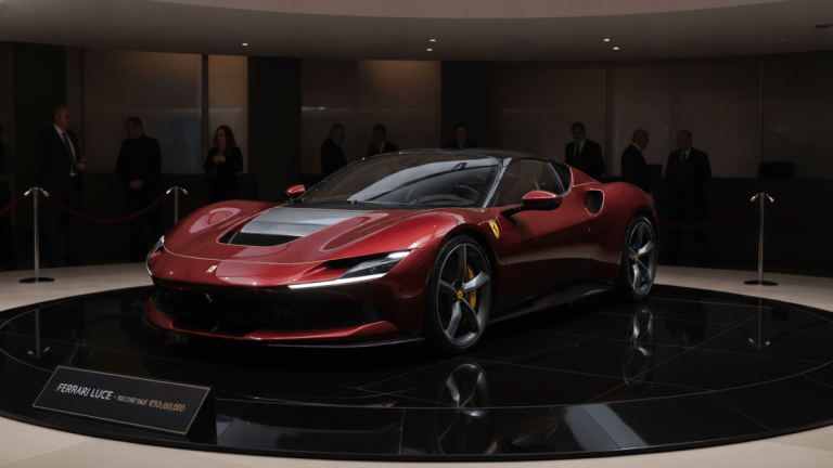 A red Ferrari 'Luce' electric vehicle is displayed on a round, dark polished platform in a high-end auction house.