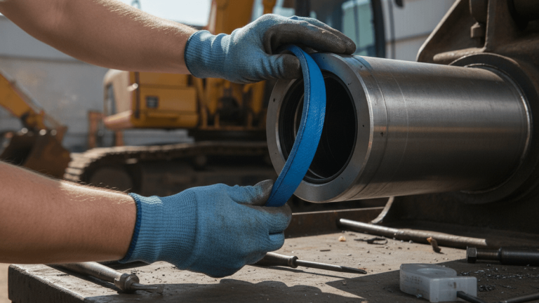 Close-up of gloved hands installing a blue hydraulic seal into a metal cylinder on a construction site.