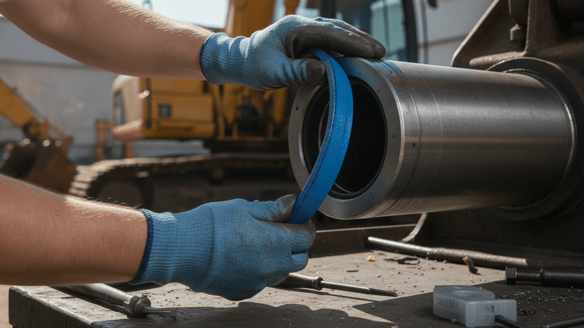 Close-up of gloved hands installing a blue hydraulic seal into a metal cylinder on a construction site.