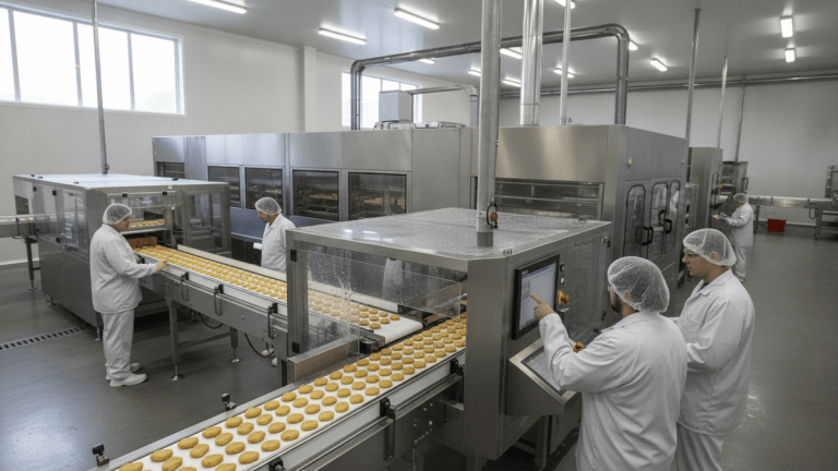 Inside a food processing plant, workers in hairnets and uniforms monitor machinery producing cookies on conveyor belts.