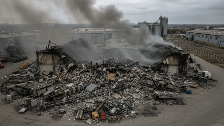 Wide shot of a completely collapsed industrial warehouse, with thick smoke rising from the debris, under an overcast sky.