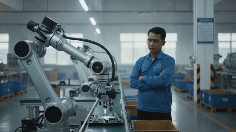 Robotic arm performing a task on a circuit board, with a Cambodian worker observing in a factory setting.