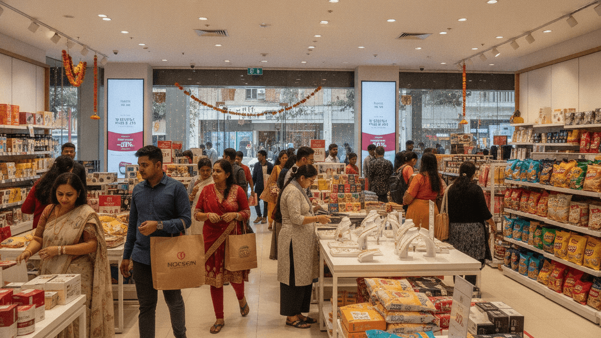 A medium wide shot of a bustling modern Indian retail store with multiple shoppers browsing products and carrying shopping bags.
